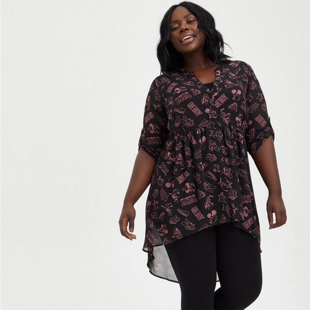 TORRID Disney 4D Mickey and Friends Lexie Babydoll Sheer Top Chiffon Size 1 NWT